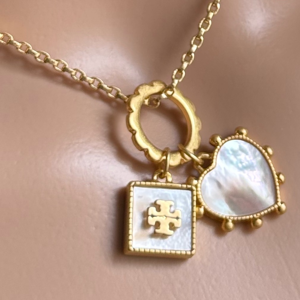 Tory Burch Gold Necklace with Heart and Square Charms